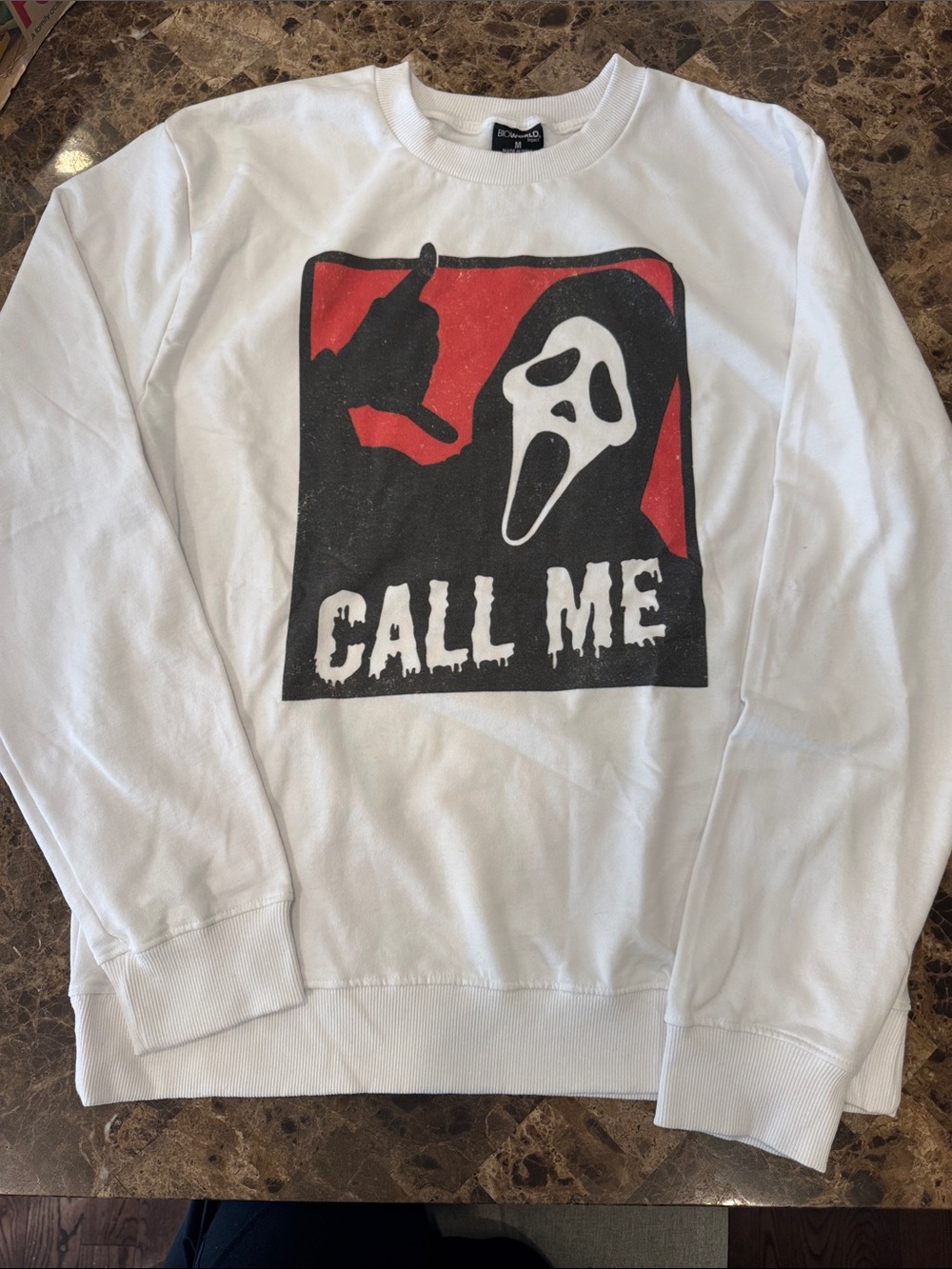 White 'Call Me' Graphic Sweatshirt w/Scream Design Size Medium UNISEX